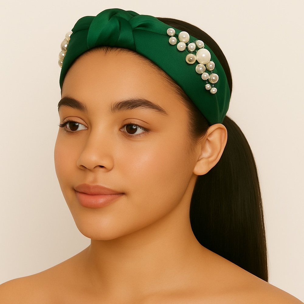 Green 1 PCS No Slip Knotted Cross Pearl Headband